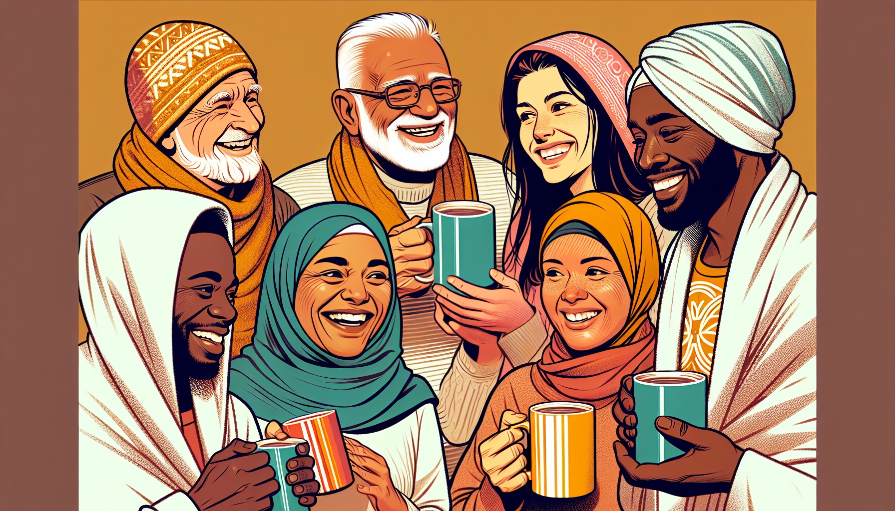 Diverse gruppe mennesker nyter varme drikker etter kuldeeksponering