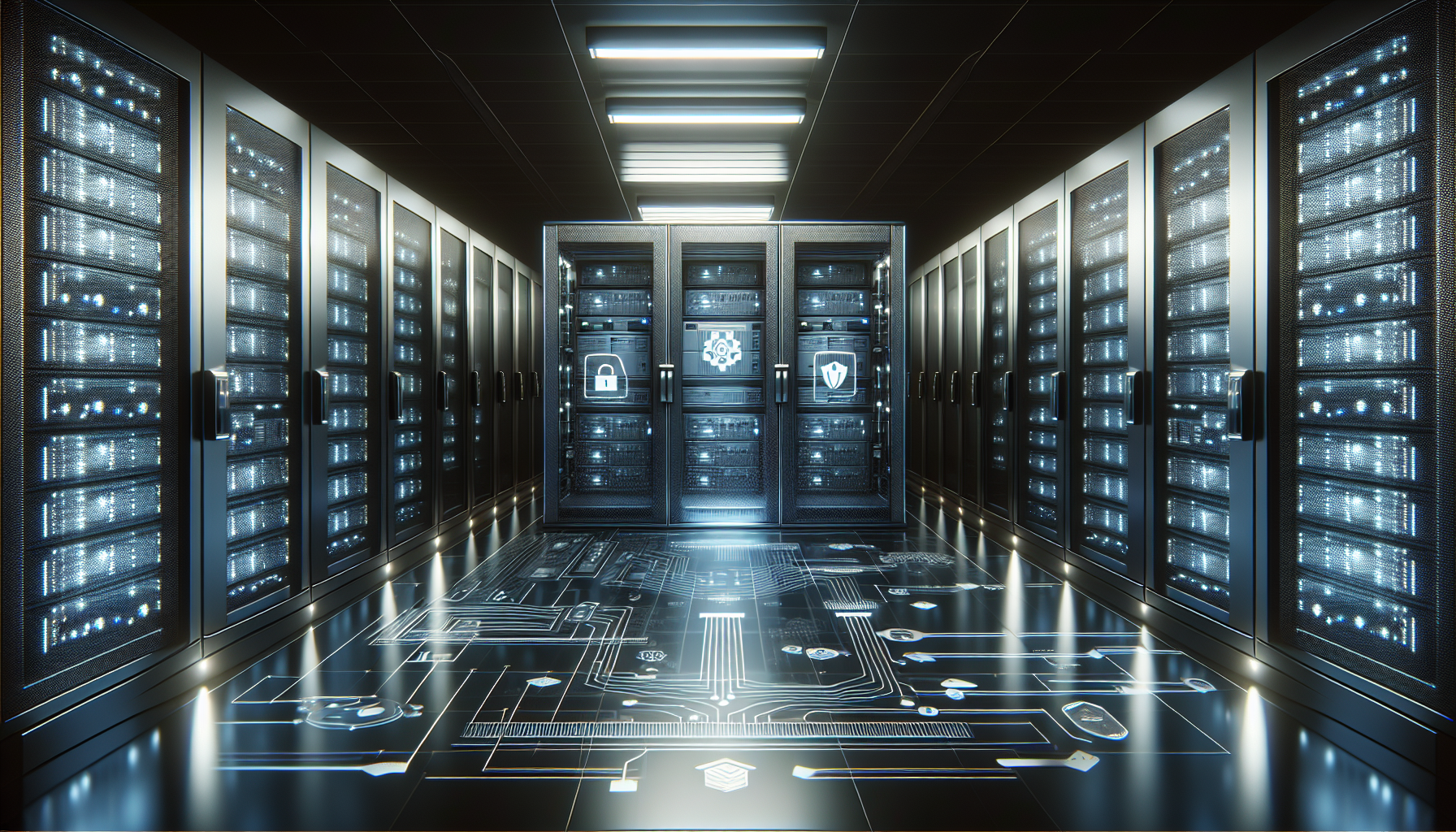 Sikker serverrom med avansert kryptering og brannmur beskyttelser.