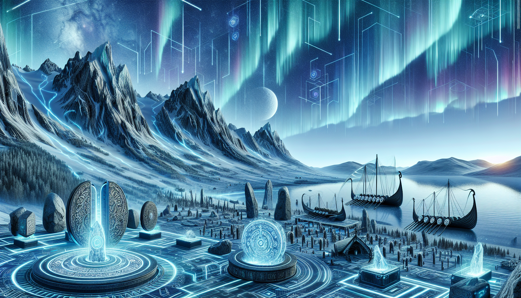 Fremtidsrettet bilde som kombinerer nordisk kulturarv med høyteknologiske elementer