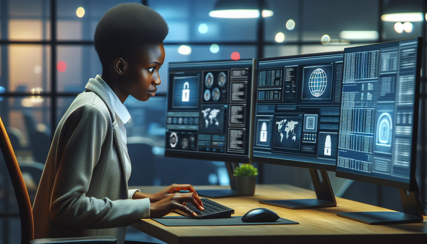 Cybersikkerhetsekspert analyserer data på flere skjermer