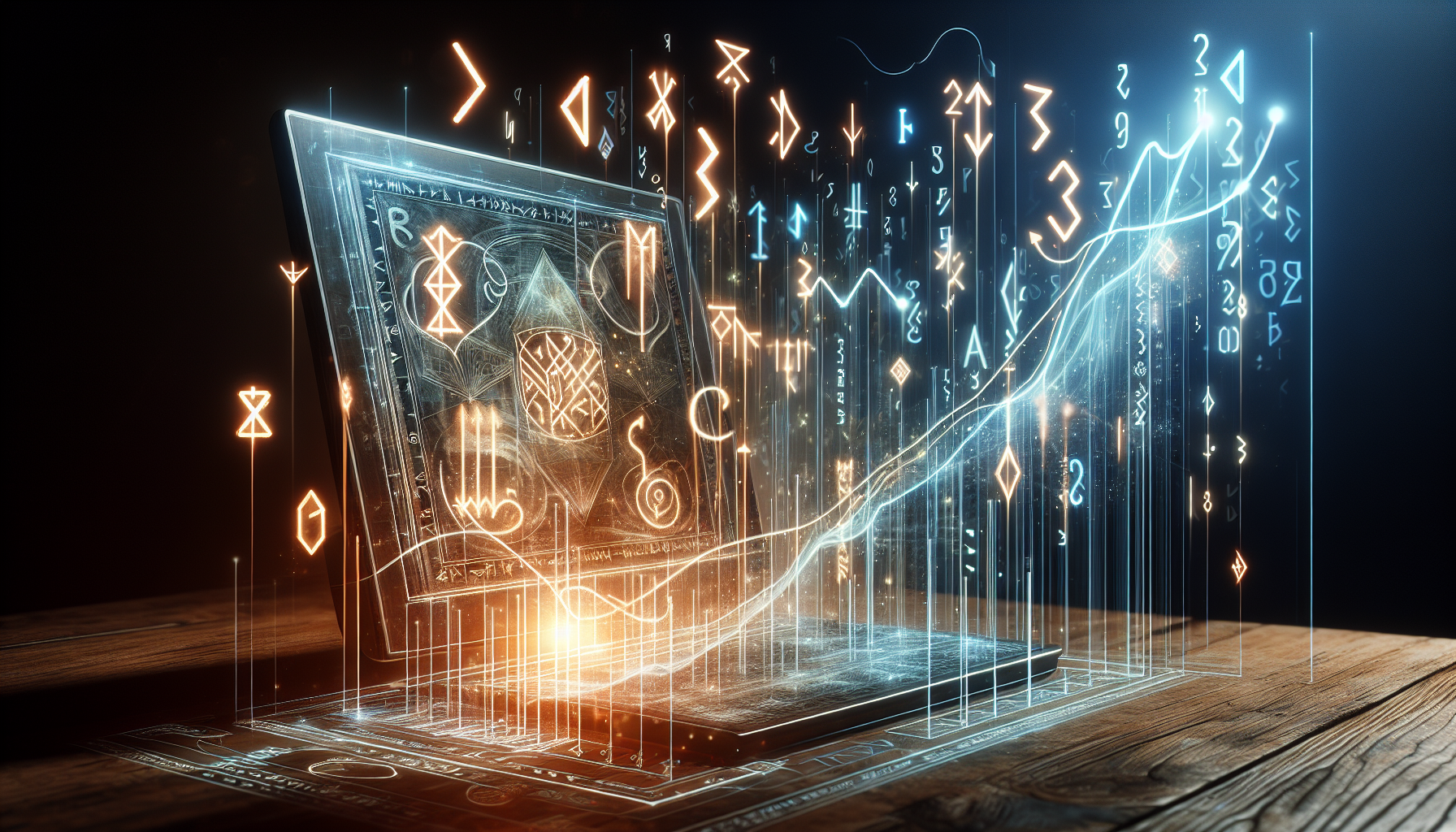 Dataskjerm viser runeinspirert system for finansanalyse