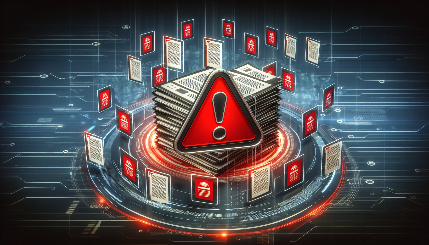 Digitale filer med rødt varsel symboliserer lekkasje av personlig informasjon.