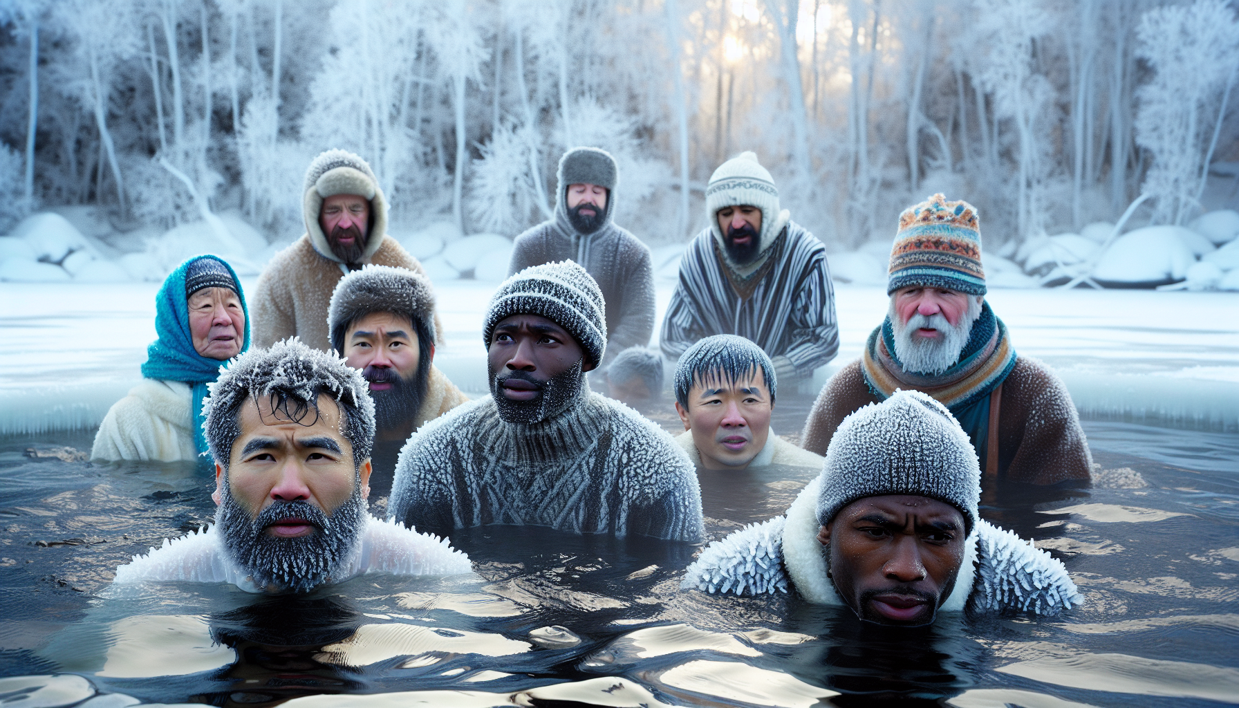 Gruppe mennesker deltar i isbading i et frostdekt landskap