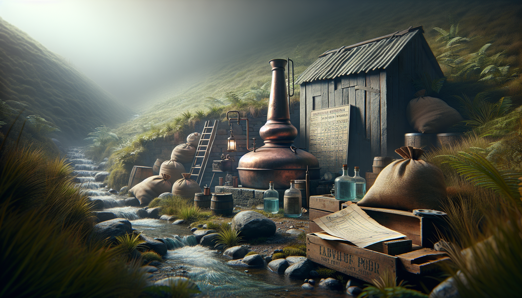 Remote illicit whiskey still near a stream, representing historical smuggling, taxation, and underground distilling