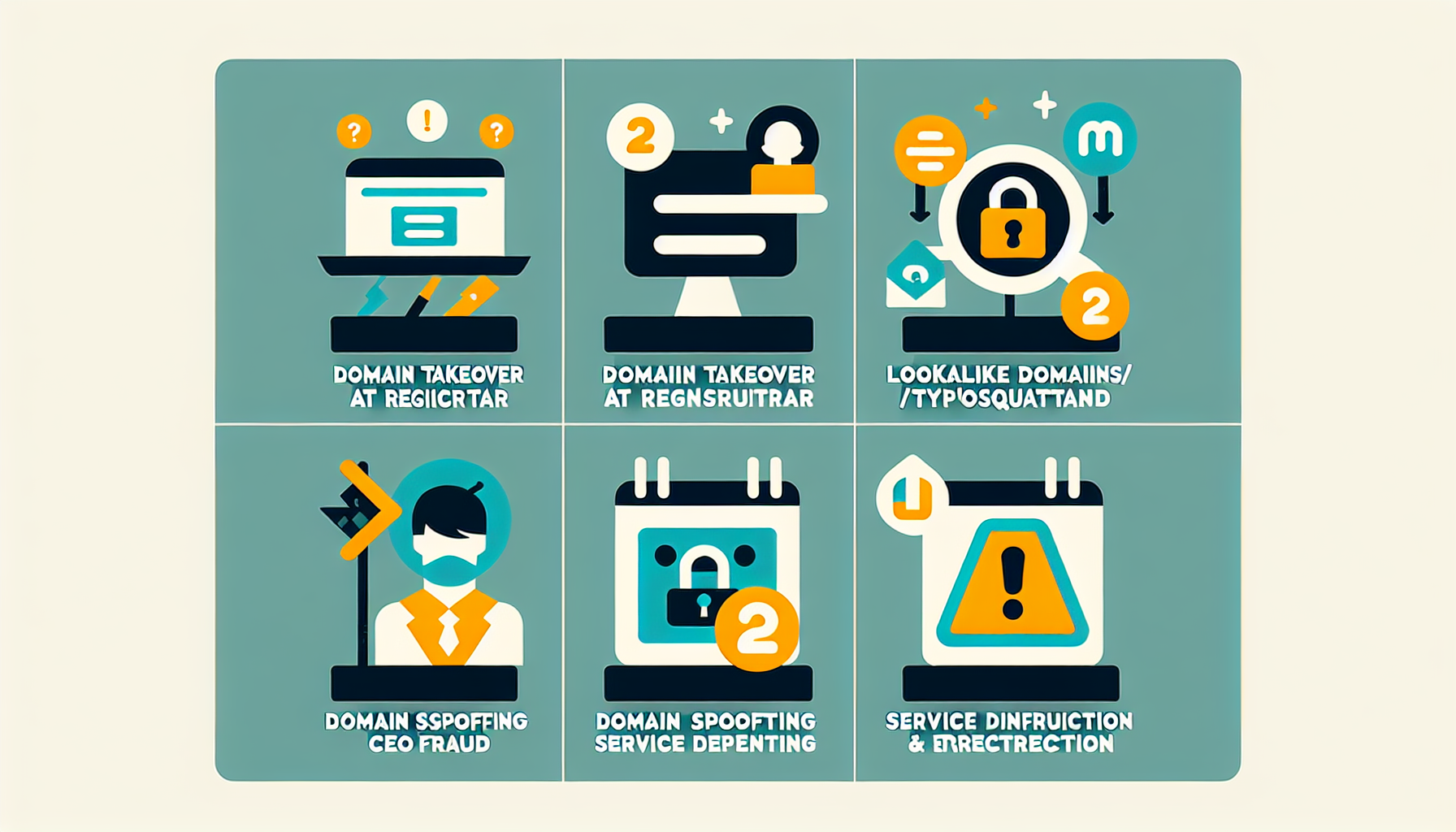 Illustrasjon som oppsummerer trusler: domeneovertakelse, DNS-kapring, lookalike-domener, spoofing og utløpt domene