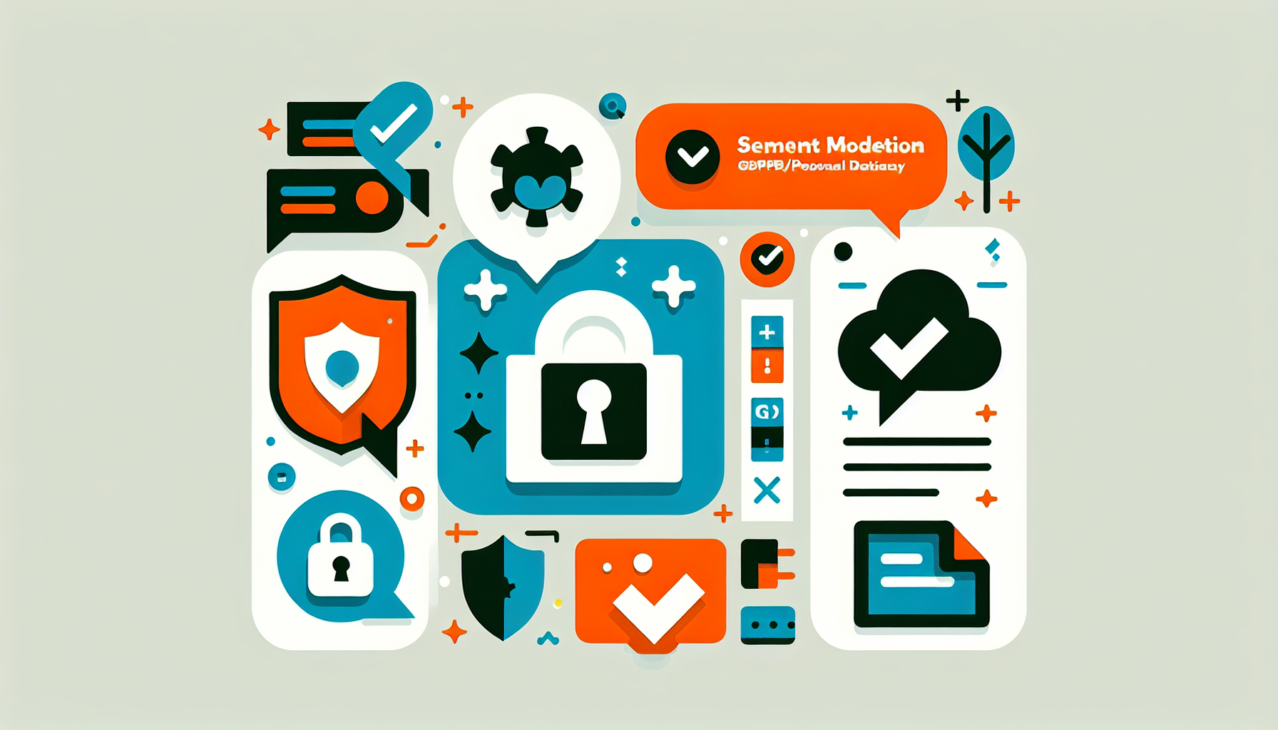 Ikonillustrasjon av trygg innlogging, kommentar-moderering og GDPR som viktige deler av sikkerhet og personvern