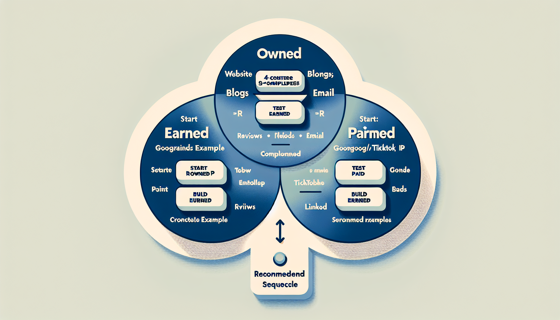 Diagram med eide, fortjente og betalte kanaler, med eksempler og anbefalt rekkefølge for prioritering