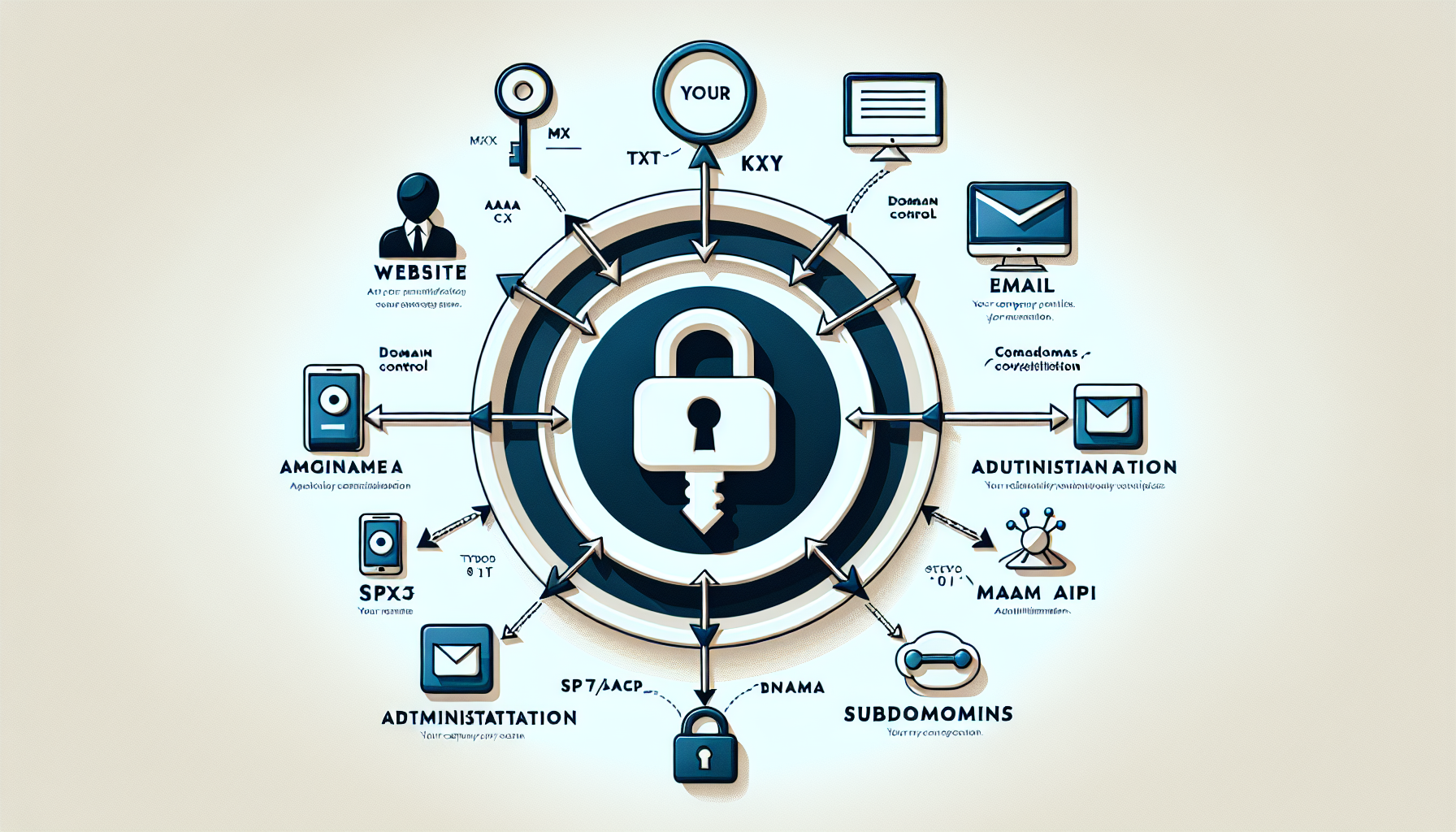 Infografikk som viser hvordan domenet peker til nettside, e-post, innlogging og API-er via DNS
