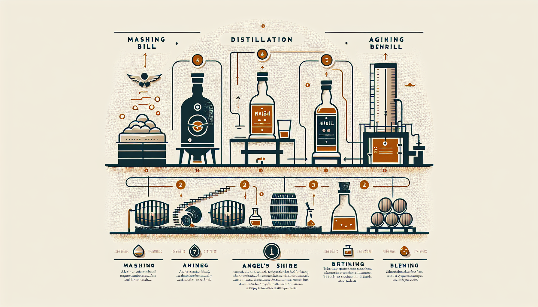 Infographic showing whiskey production steps from mashing and fermentation to distillation, barrel aging, and bottling