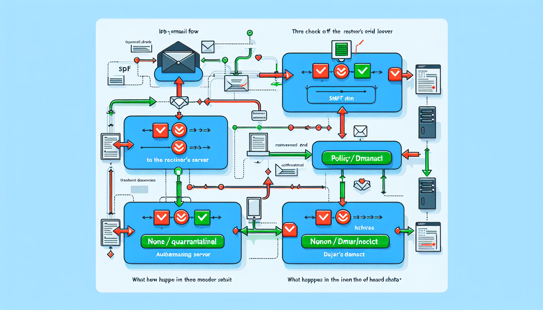 Diagram som viser hvordan SPF, DKIM og DMARC verifiserer e-post og reduserer spoofing