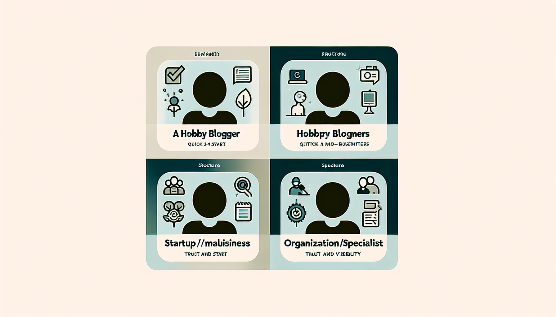 Illustrasjon av fem typiske brukergrupper for bloggplattform: nybegynner, hobbyblogger, småbedrift, forening og frilanser