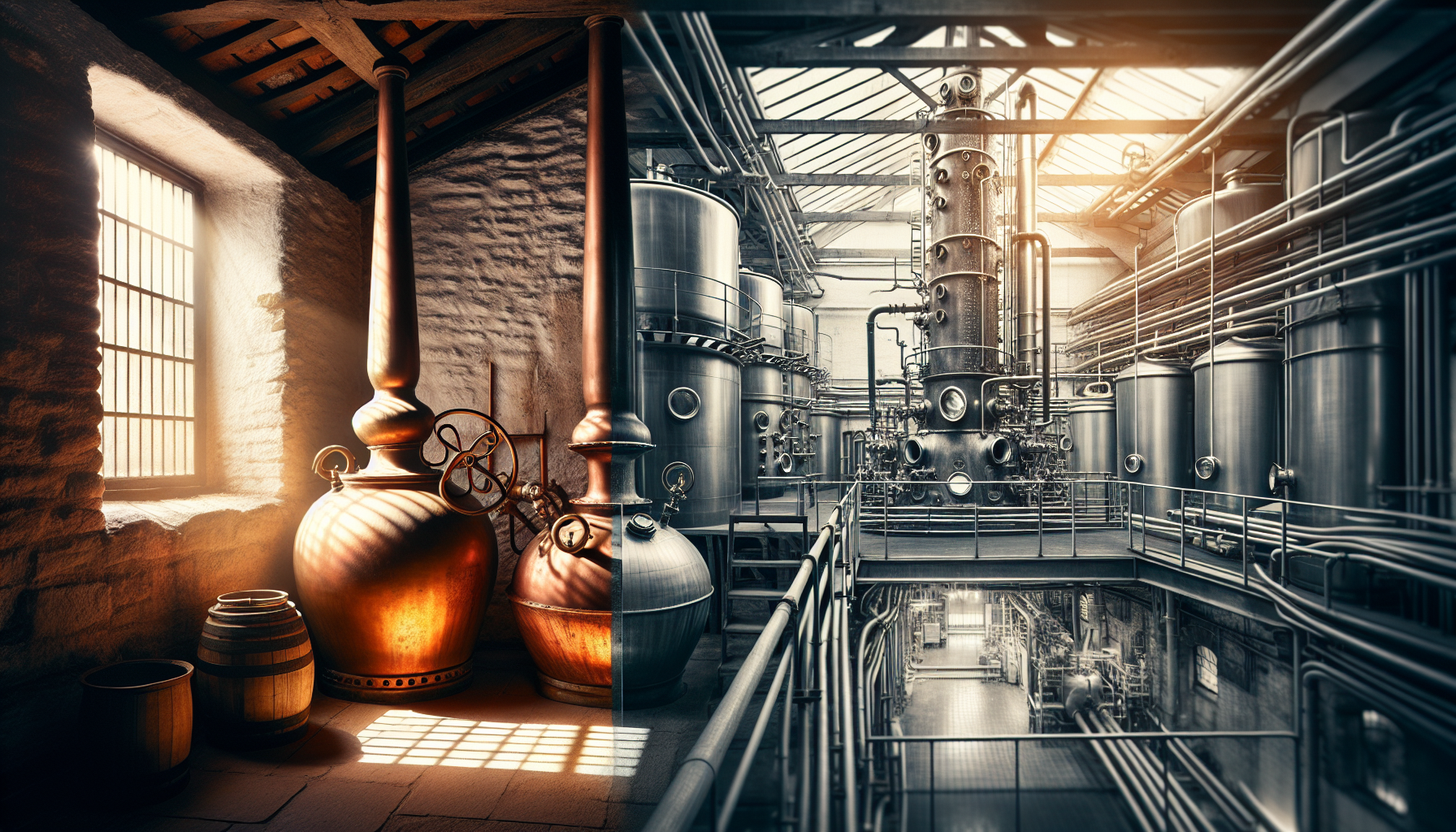 Side-by-side view of copper pot stills and a column still, showing industrial change and the rise of blended Scotch