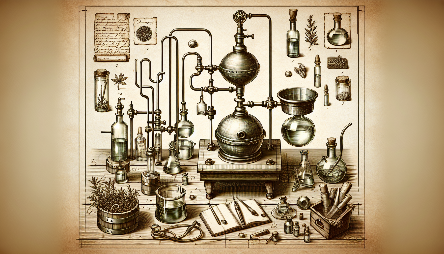 Illustration of a medieval alembic distillation apparatus used for early medicines and perfumes