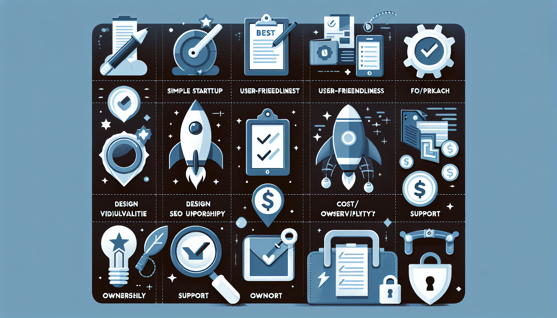 Infografikk med sjekkliste over hva som gjør en bloggplattform best: oppstart, design, SEO, kostnad, support og sikkerhet