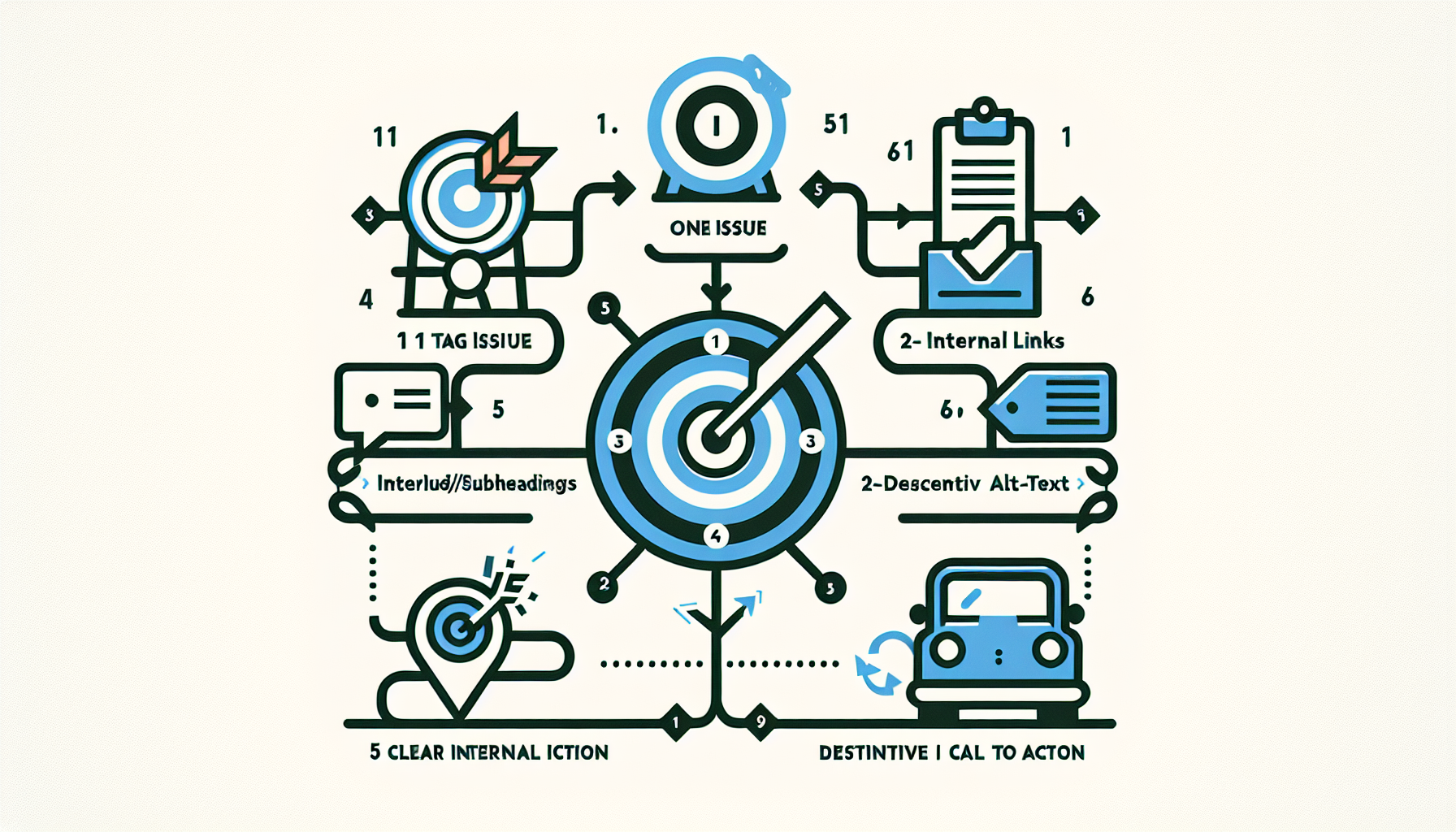Flytskjema som viser en enkel SEO-rutine for blogginnlegg i fem trinn fra problemstilling til CTA