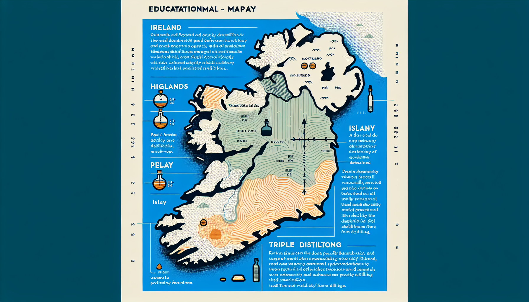 Map of Ireland and Scotland highlighting key whiskey regions and influences like peat smoke and trade access